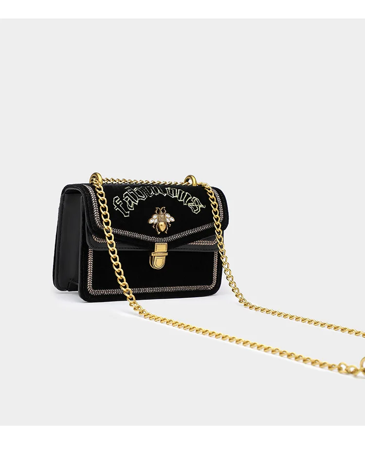Black Blue Green Luxury Embroidered Velvet Handbag for Women Brand Gold Chain Shoulder Bags Female Small Bee Lock Cross body Bag (26)