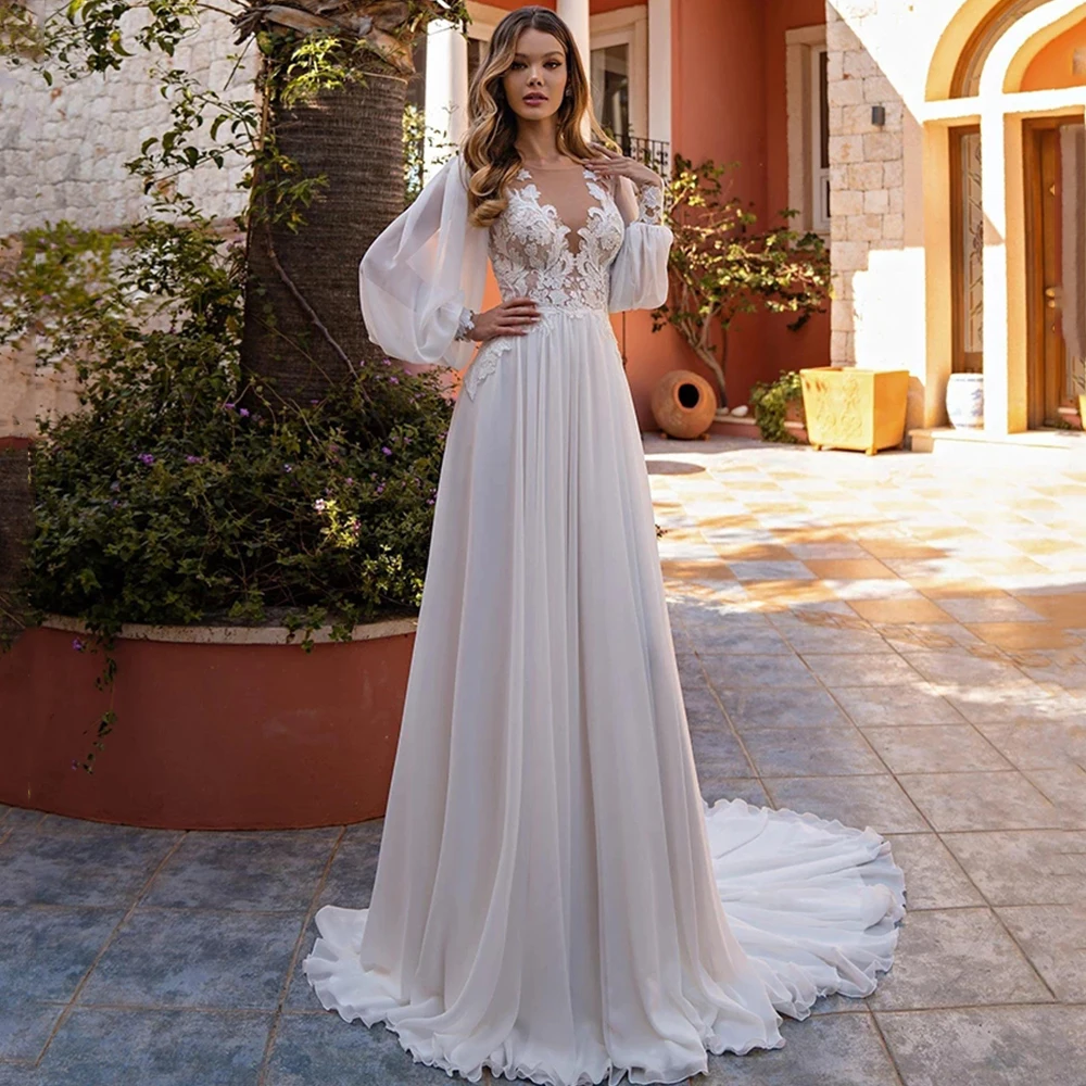 Princess Wedding Dresses Elegant Long Puff Sleeve Sheer O Neck Lace Appliques Chiffon A Line Court Train Bridal Gowns 2021 | Свадьбы и