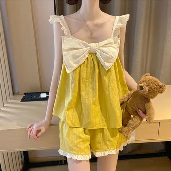 

Lovely Big Bow Camisole Tracksuit 2020 Summer New Style Korean-style Sweet Flounced Loose Pajamas Nightgown