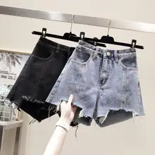 Moda feminina hem cintura alta ampla perna bolsos shorts jeans calças quentes