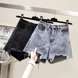 Moda feminina hem cintura alta ampla perna bolsos shorts jeans calças quentes