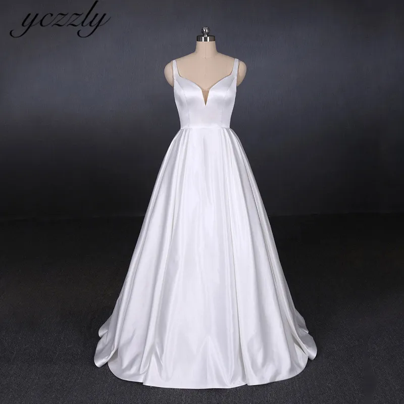 Robe De Mariee сексуальное с низким вырезом на спине; с тонкими лямками атласное свадебное платье больших размеров длинное женское свадебное пляжное платье с коротким шлейфом W154