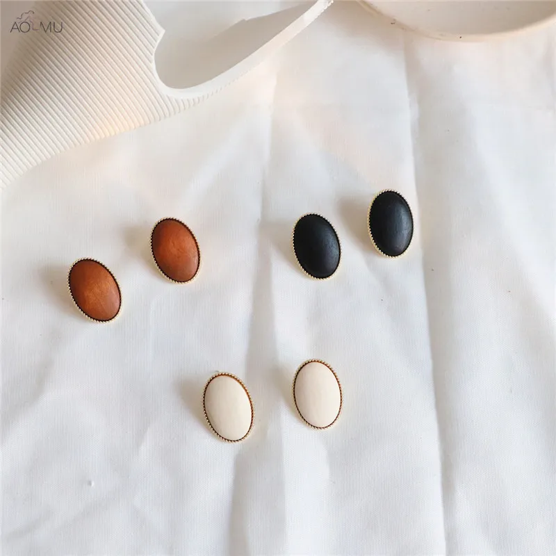AOMU новые корейские винтажные индивидуальные деревянные овальные геометрические металлические кружевные серьги-гвоздики для женщин Подарки Ювелирные Изделия Pendientes