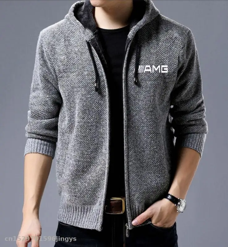 2020 Zipper Jackets Men for AMG logo Casual Fleece Coats  Fashion Slim Fit Hooded Thick Warm Jacket