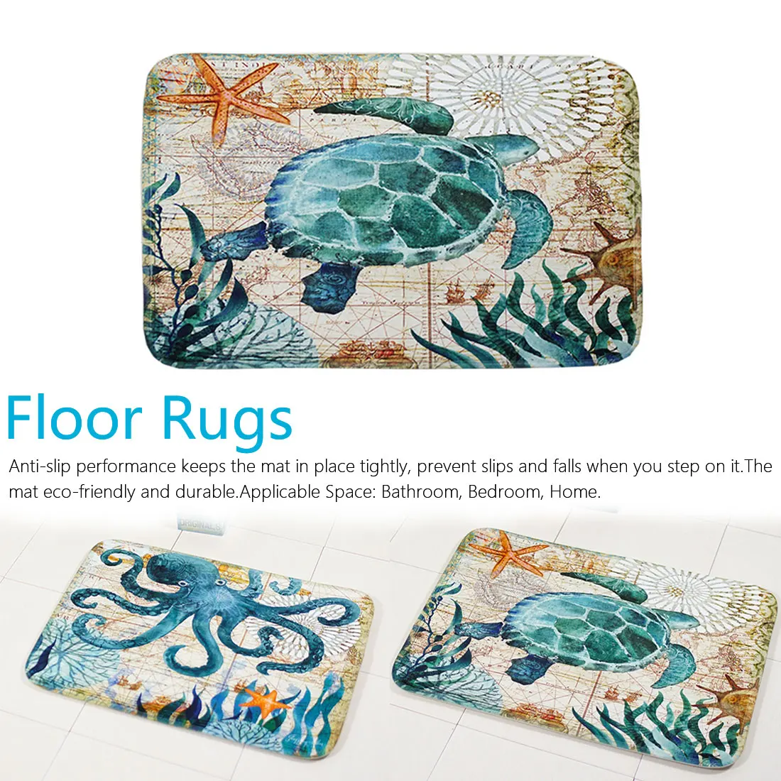 

Marine Style Door Mat Floor Carpet for Living Room Sea Turtle Pattern Coral Fleece Rug Anti-Slip Doormat Home Decoration