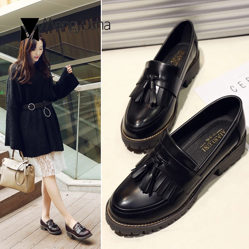 

high quality office lady flats leather loafers retro plus size 34-42 Korean student fringe brogue shoes anti-skid thick heel women shoes