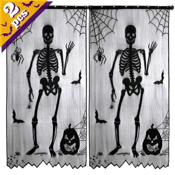 

OurWarm 2pcs Black Lace Halloween Window Curtains Spiderweb Bats Skeleton Curtains Decor for Halloween Decorations 40 x 84 Inch