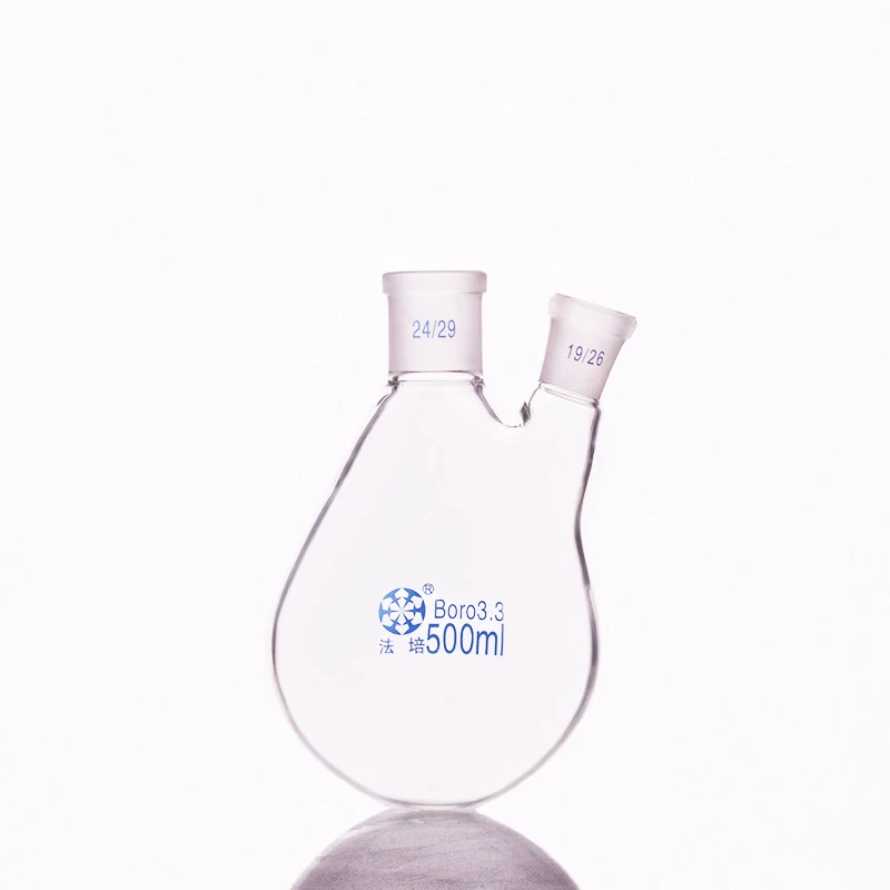 Flask eggplant shape,2 short necks standard grinding mouth,Capacity 500ml,joint 24/29+19/26,Oblique eggplant-shaped flask