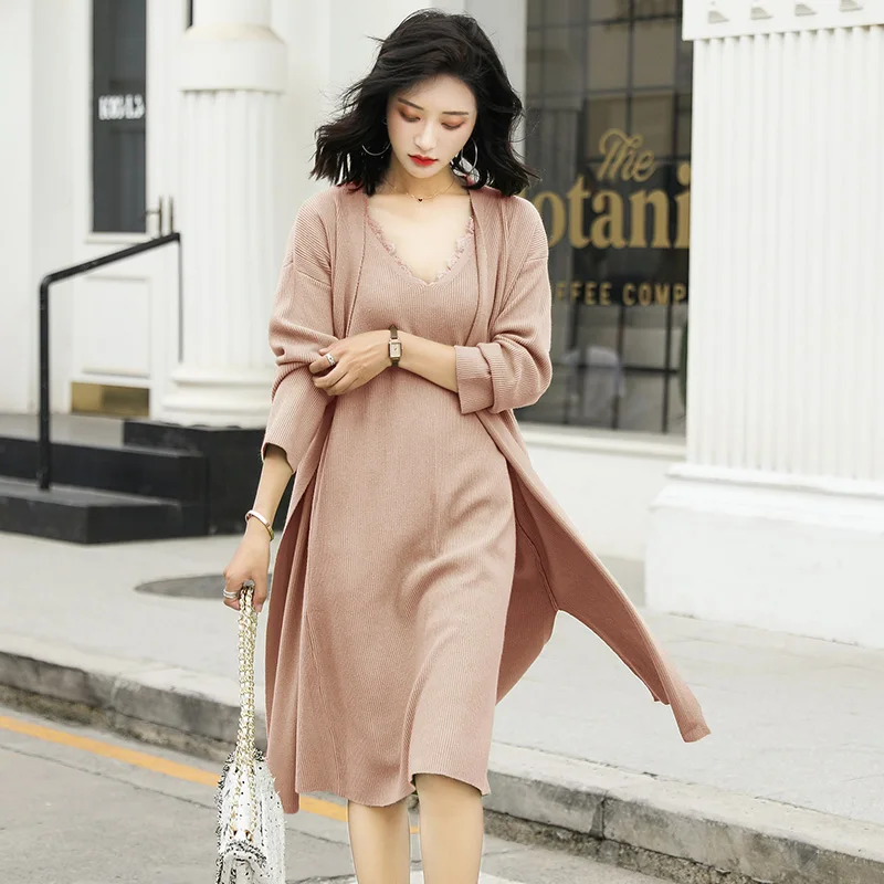

Knitted 2 Pieces Set Women Pullovers Sweater Coat & Knitted Dress Bodycon Office Lady 2PCS Suits Sets 2020 Spring Autumn