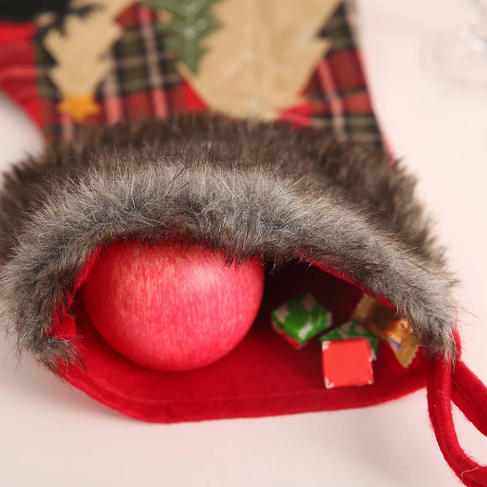 Hot Plaid Xmas Tree Elk Print Stocking Office Non-woven Ornaments Hook Design Hanging Candy Gift Bag Christmas Decoration