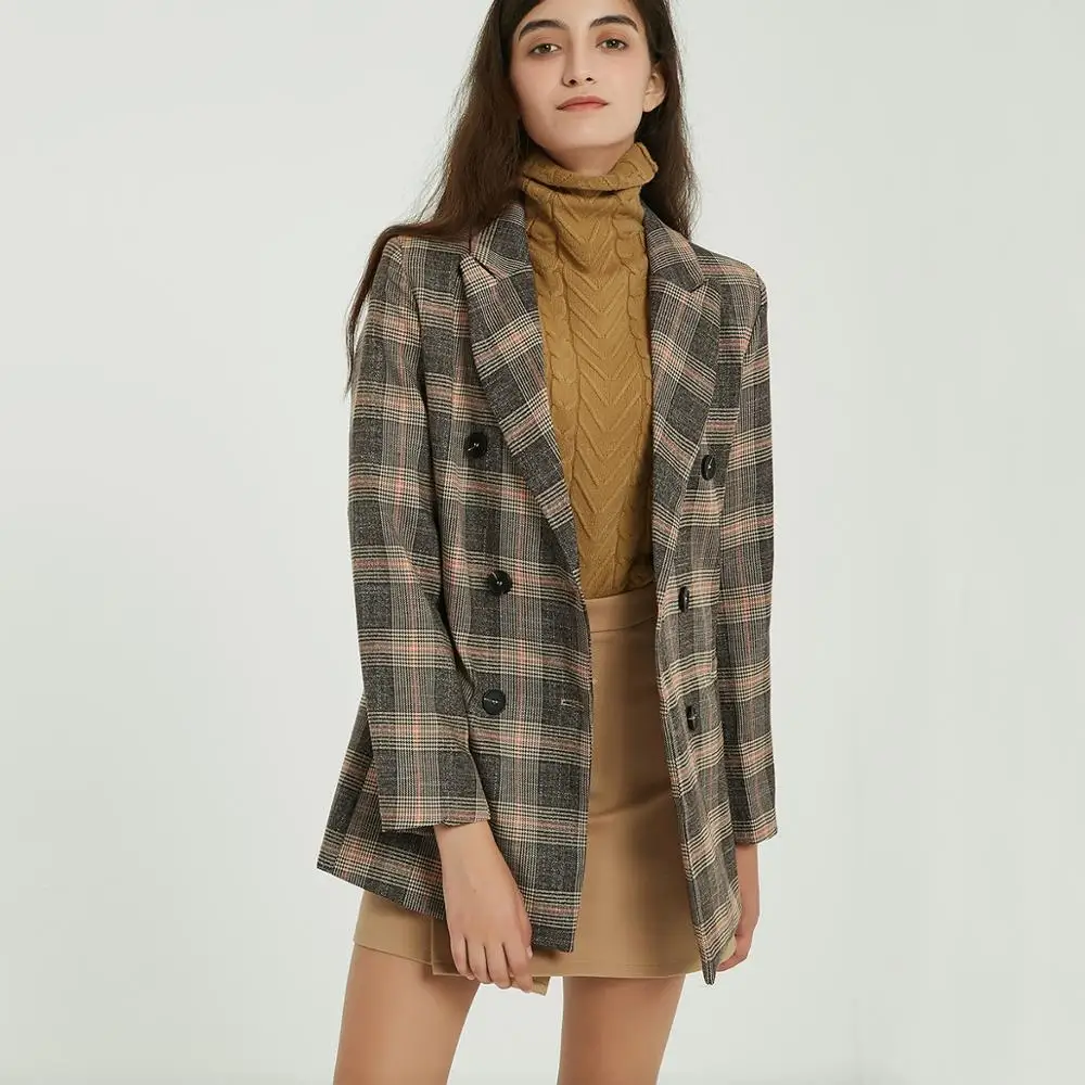 Wixra Women Classic Plaid Blazer Autumn Spring Double Breasted Office Lady Long Sleeve Vintage Coat Ladies Outerwears