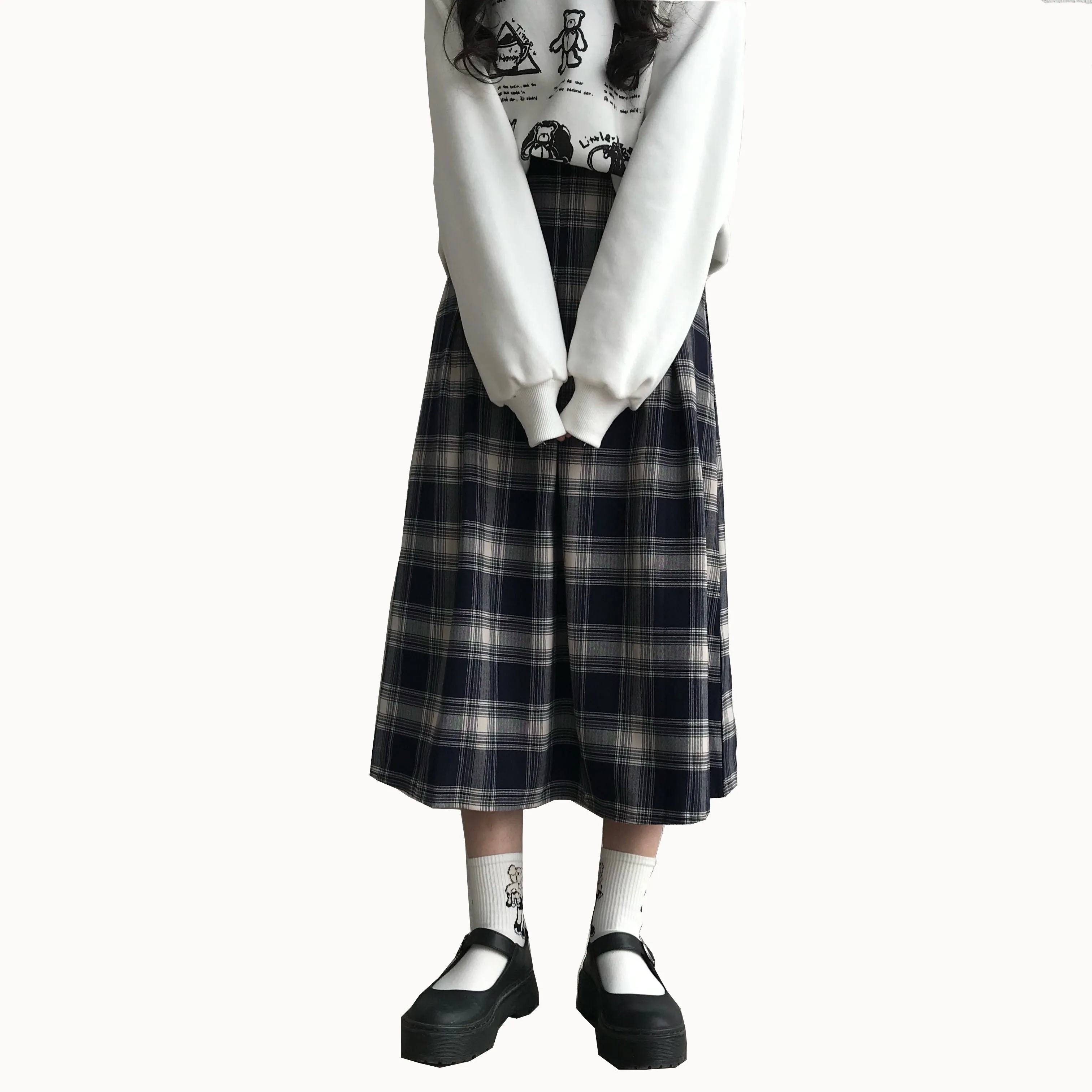 Only Skirt Осень-зима Для женщин ретро юбка с высокой талией, а-силуэт, юбка молодая девушка, студентка плед сладкий средней длины плиссированная юбка элегантный дизайн - Цвет: Only Skirt
