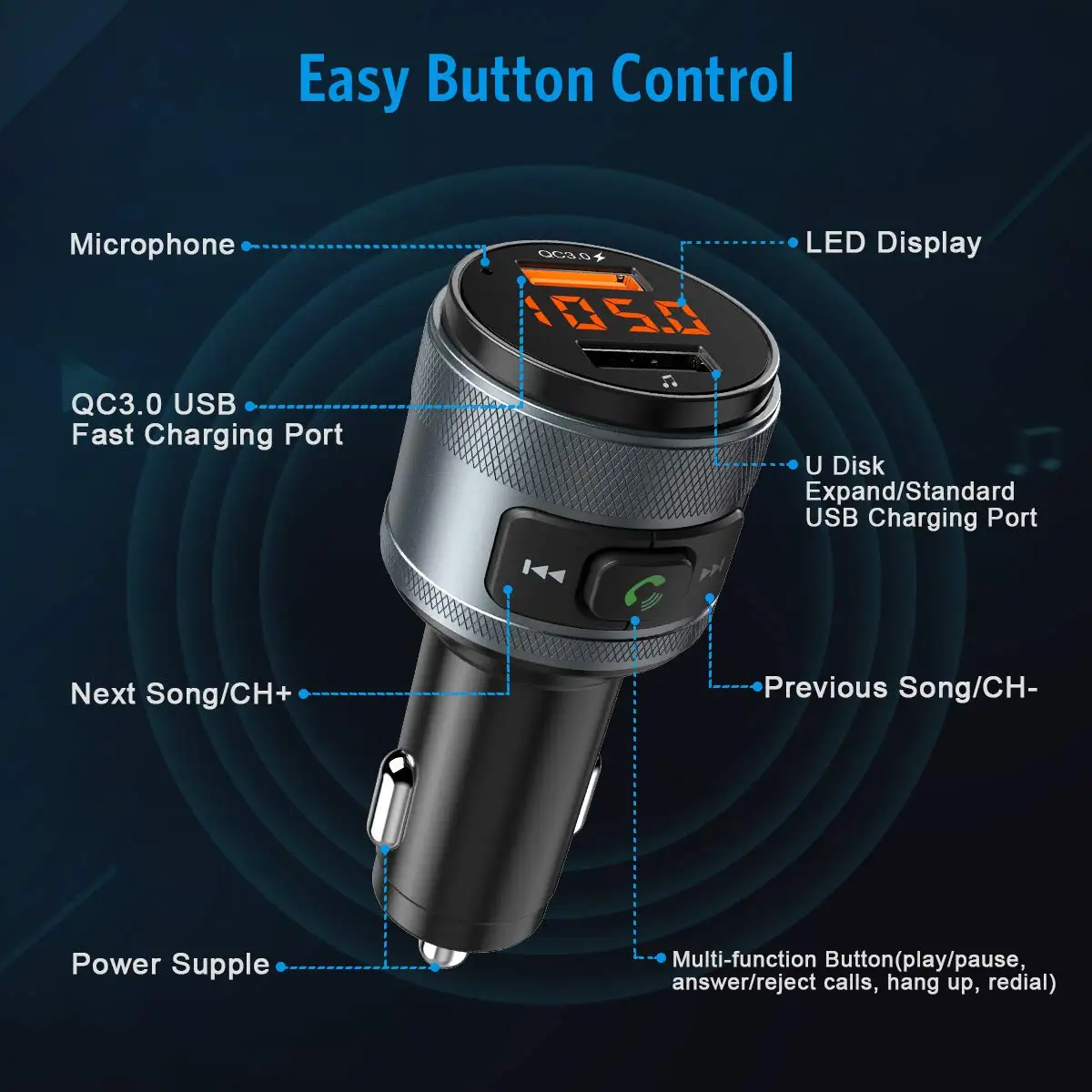 Автомобильное зарядное устройство USB Quick Charge 3,0 для телефона, Bluetooth, fm-передатчик, автомобильное зарядное устройство, Универсальный двойной USB, быстрая зарядка