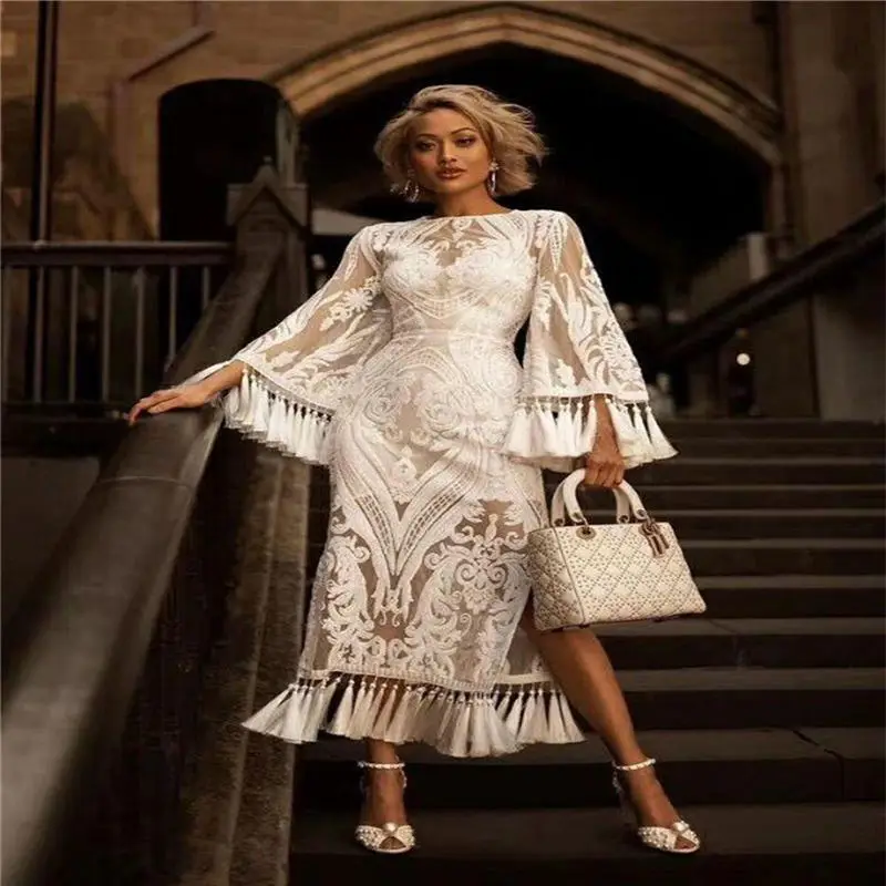 

Elegant Womens Embroidery Designer Dress Flare Sleeve Crew Neck Womens Solid Color Dress Hollow Out Lace Womens Tassel Dress