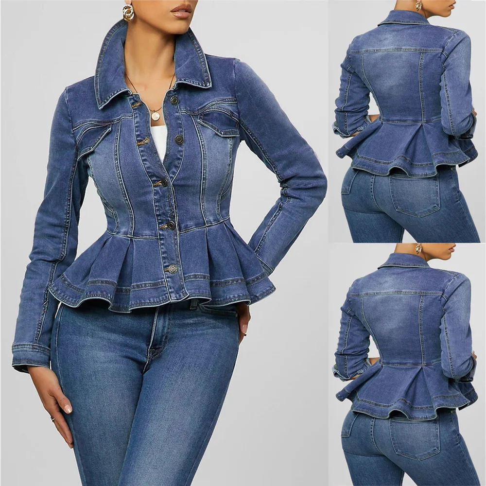 Women Denim Jacket Ruffle Hem Slim Fit 