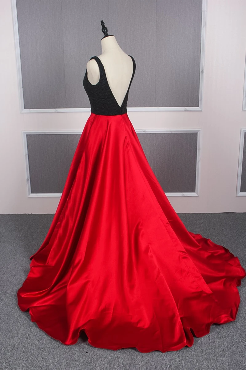 YY150 вечернее платье в красном и черном цвете, атласное вечернее платье без рукавов с v-образным вырезом, украшенное бусинами, abiti da cerimonia da sera