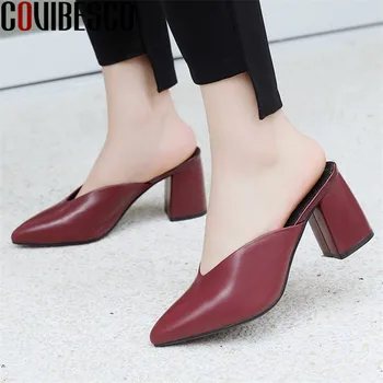 

COVIBESCO Women Pointed Toe Temperament Slippers Mules Genuine Leather Thick Heel Wild Sandals High Heels Summer Shoes Woman