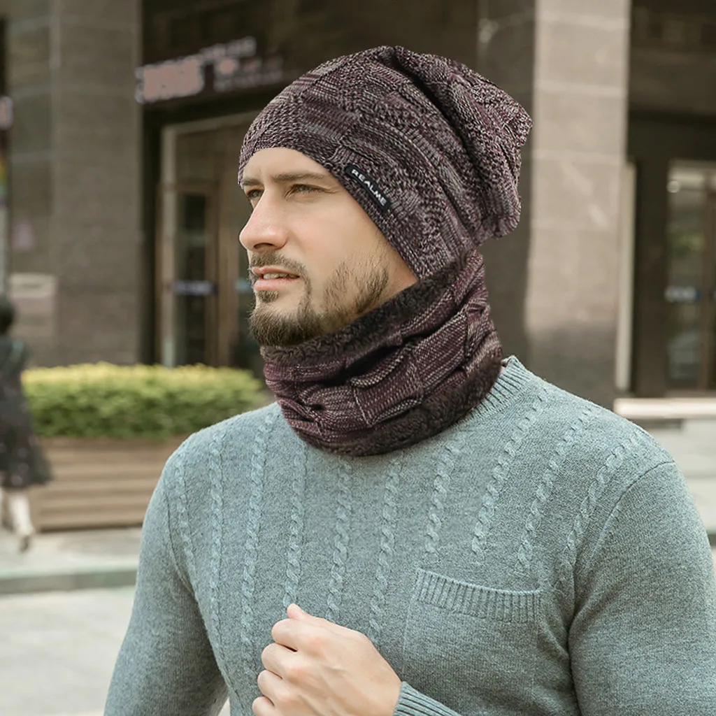 Зимние шапки для мужчин, 2 шт., зимняя шапка, шапка с воротником, набор плюс бархатная Толстая вязаная шапка и кашне бини, Gorros Mujer Invierno