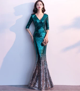 

Sexy Long V-neck gradient sequins fishtail dress evening party performance model host reception wedding dress evening dress wome