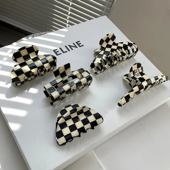 Peri'sBox 10 Designs White & Black Plaid Hair Claw Jewelry Fashion Chic Geometric Resin Hair Clamps Accessories for Women