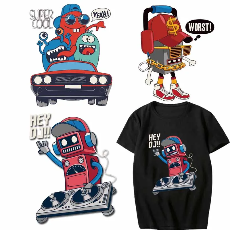 

Cartoon Patch Iron on Transfer DJ Robot Patches for Kids Clothing DIY Jacket Appliques Thermo Stickers on Clothes Washable