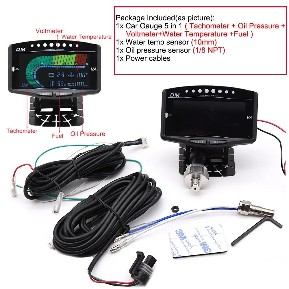 5 In 1 12V Car LCD Electronic Tachometer + Oil Pressure Gauge + Volt Voltmeter+Water Temperature Gauge+Fuel Gauge with Sensor