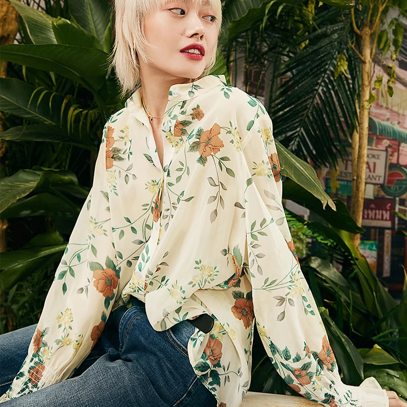Billige Samstree Floral Print Boho Chiffon Bluse Frauen Kleidung 2019 Herbst Langarm Büro Damen Tops Und Blusen