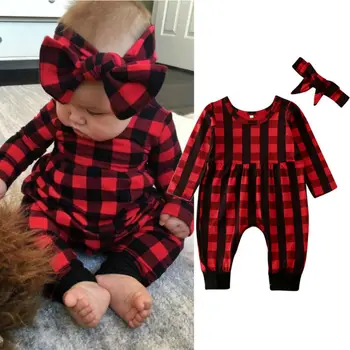 

Newborn Toddler Baby Girls Romper Jumpsuit Clothes Outfits Playsuit[Red Plaid Romper + Headband,0-3 Months]