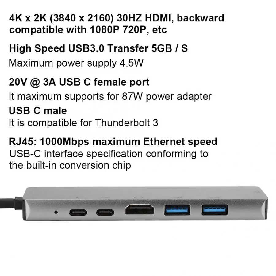 Легкий СЕРОГО МЕТАЛЛА 6 в 1 USB C для Тип поддержкой 3 USB3.0 концентратор HDMI Rj45 Ethernet
