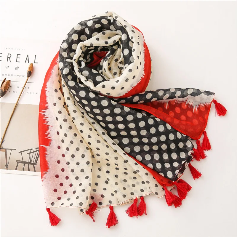 

Korean Style Foulard Bandana Women Round Dot Printed Pattern Spliced Fashion Tassel Beach Outing Cotton Linen Handkerchief Shawl