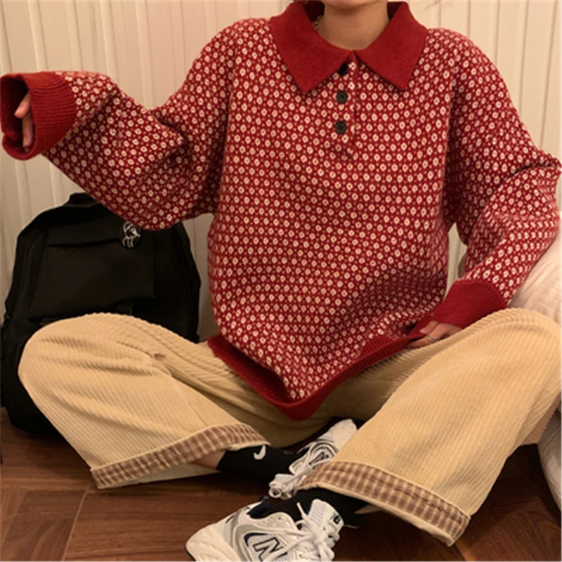 

Vintage Jacquard Knit Sweater Women Fall Winter Korean Style Polo Color Warm Female Pullovers Fashion Vintage Streetwear Jumpers