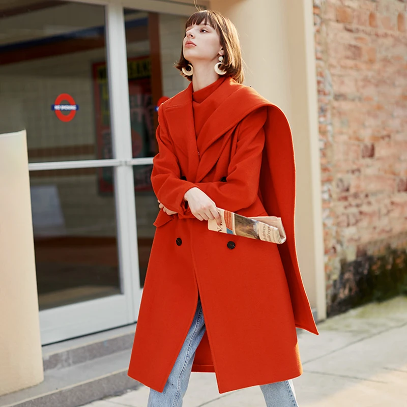 CHICEVER Vintage Irregular Women's Woolen Coats Scarf Collar Long Sleeve High Waist Autumn Winter Parkas For Female Clothing