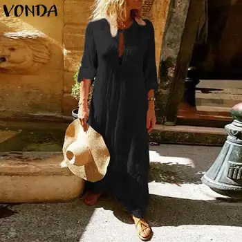 

Summer Sundress Women Dress VONDA 2020 Sexy Hollow Out Maxi Long Party Dress Bohemian Vestido Vintage Casual Robe Plus Size