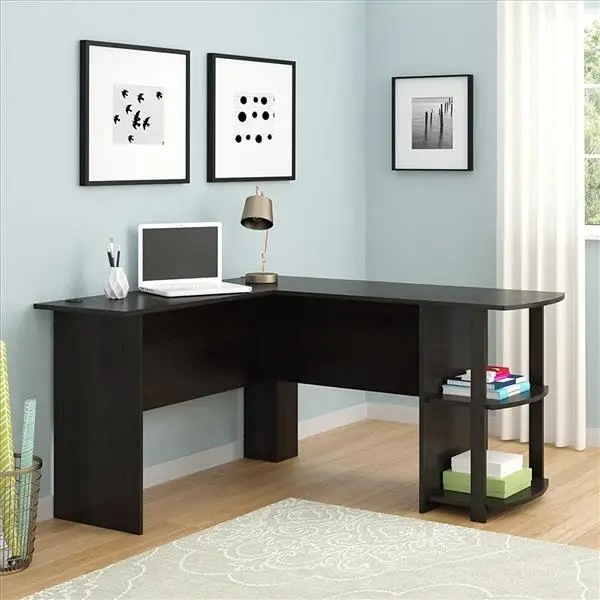 

L-Shaped Wood Right-angle Computer Desk with Two-layer Bookshelves Dark Brown,laptop table, office desk ,study table.