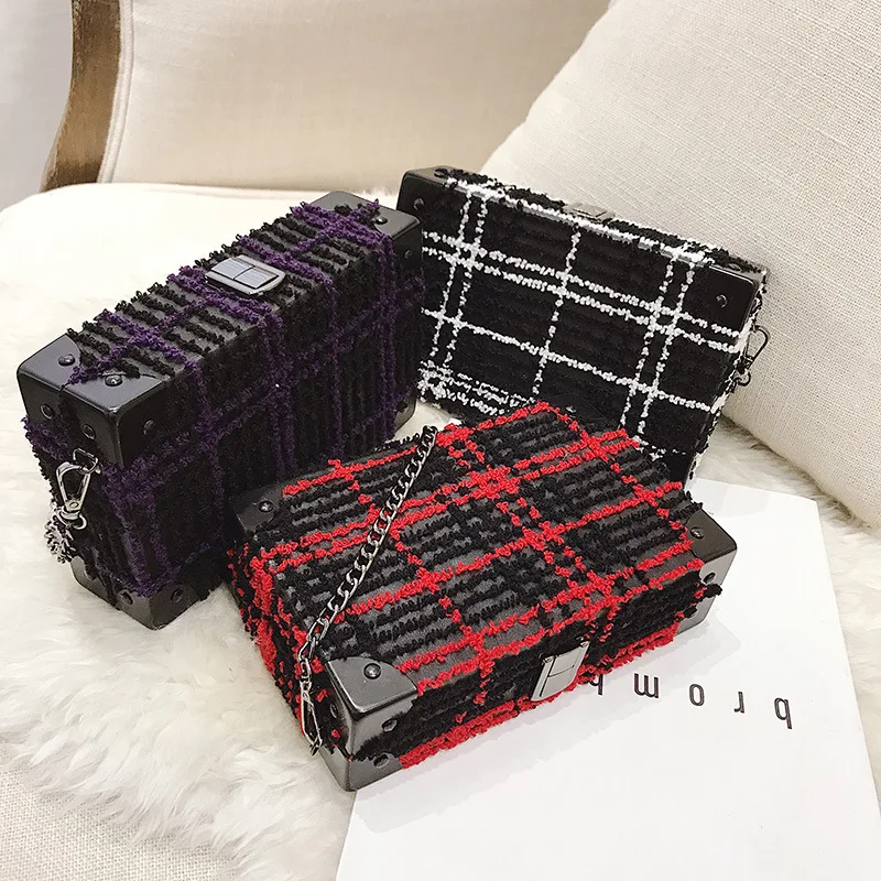 

Woolen Plaid Square Sling Bag Chain Simple One-Shoulder Oblique WOMEN'S Bag