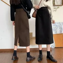 

Woolen Midi Skirt Black Coffee Young Women Mid-length Skirt Sexy Hipline High Waist A-line Straight Skirt 2022 SXHBSQ658