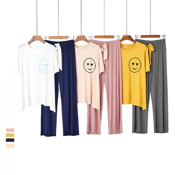 

Contrast Smiley Home Service Spring And Summer Modal Pajamas Women Thin Short-Sleeved Trousers Suit Two-Piece Suit Pijama
