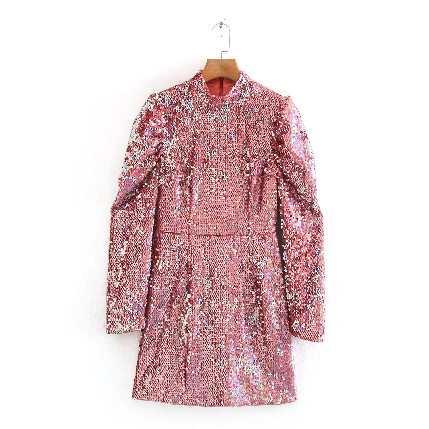 

Europe And America WOMEN'S Dress Retro Industrial Full Body Colored Sequins Bubble Long Sleeve Small Stand Collar Mini Dress Ol