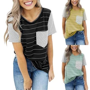 

clothing OWLPRINCESS 2020 Summer New Women's Spring Short-Sleeved Striped Pocket Stitching T-shirt