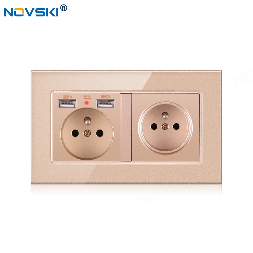 

146*86mm DIY Double Frame Switch Socket, Golden French Outlet 2 Frame, 2.1A Dual USB Charging Port, Switch German Bayer Base