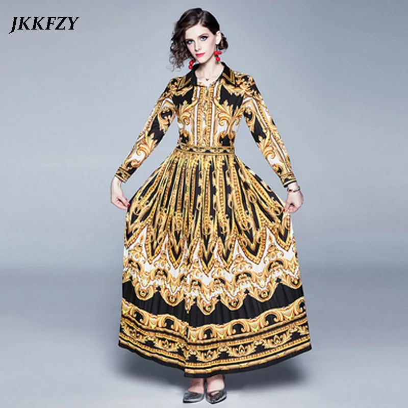 

Designer Women Autumn Winter Runway Dress Court Print Long Sleeve Vintage Dress Lady Plus Size Elegant Maxi Dress
