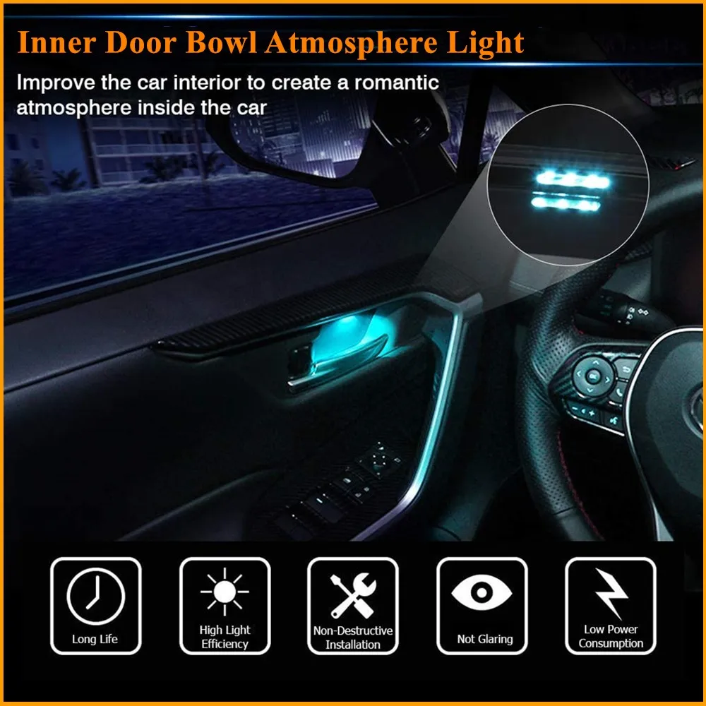 4PCS Ice Blue/Dark Blue Powerty LED Light Inner Door Handle Bowl Mood Lighting Decorative Car Lamp for Toyota New RAV4 2019 2020