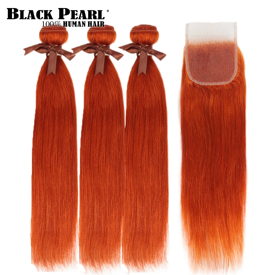 Black Pearl Orange Bundles With Closure Brazilian Remy Straight Human