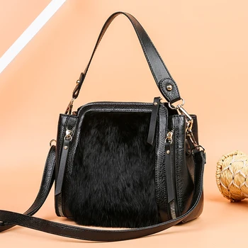 

Fashion Rabbit fur Bucket Bags Ladies PU Leather Women's Handbags New Soft Leather Shoulder Bags For Women Messenger Bags