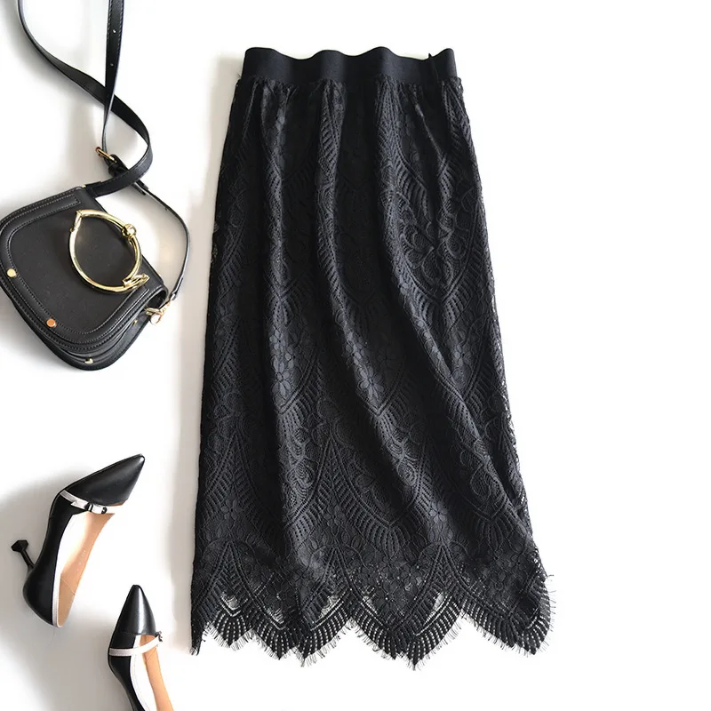 Knitted skirt in the long section stitching lace skirt Korean women's slim pack hip skirt two kinds of wearing