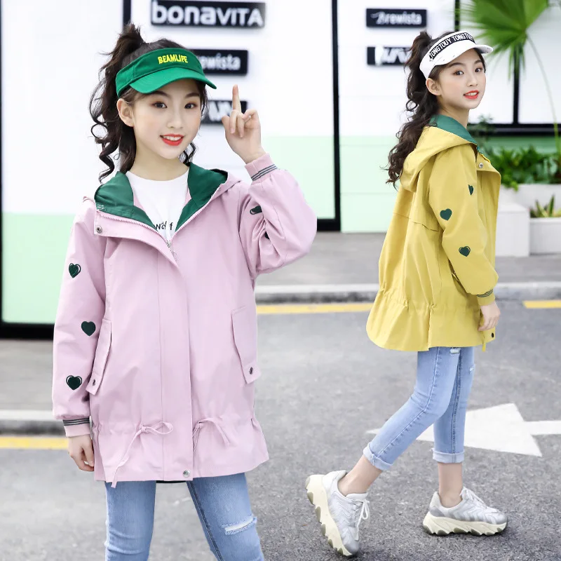 

2019 Spring And Autumn Childrenswear New Style Girls Sweet Sleeves Heart Trench Coat Middle And Large Children Middle Long Coat