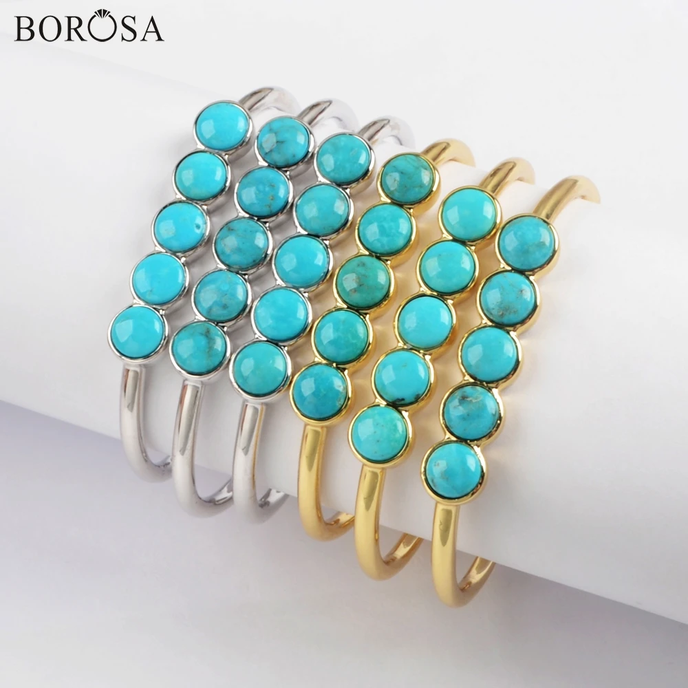 

BOROSA 5Pcs Gold/Silver Plating Bezel Five Round Natural Turquoises Bangle Natural Blue Stone Bangles Women Jewelry ZG0427