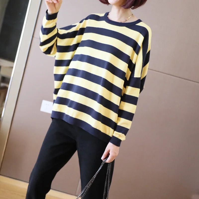 

Autumn and Winter Print Striped Knitted Top for Women Korean Long Sleeve Thick Warm Basic Sweater 2020 New Loose Pullover Fall