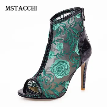 

MStacchi Elegant Women Sandals Open Toe Hollow Out Embroider Back Zipper Female High Heels Fashion Party Ladies Shoes Size 33-46