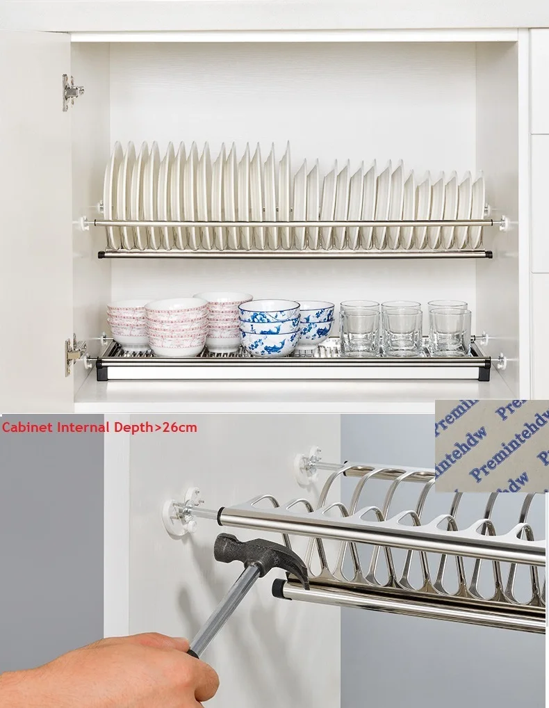 Easy Installation 73-98cm 2-Tier Stainless Steel Cabinet Cupboard Inside Dish Plate Drying Rack Plate Storage Organizer